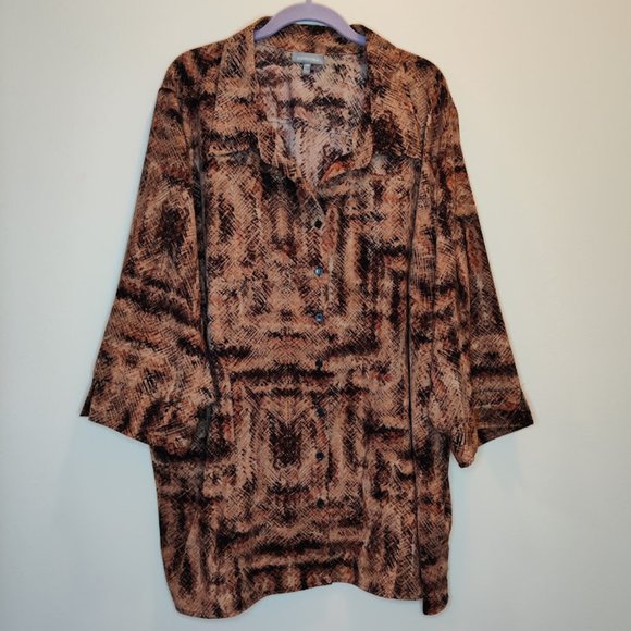 Essentials Women’s 4X Button-Up Stretch Top – Plus - 3/4 Sleeve, Brown-Black - Picture 1 of 14